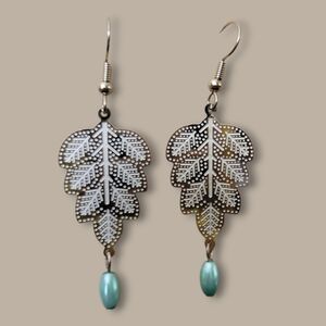 Intricate Silver Leaf Earrings with Teal Bead Drops